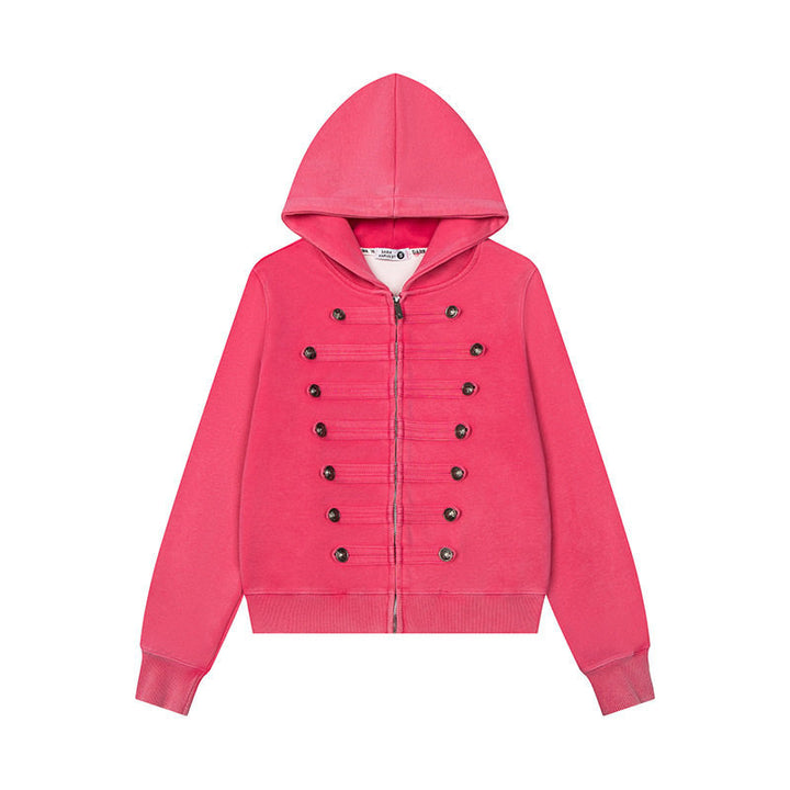 Women’s Hooded Sweat Jacket with Military Button Decoration and Full-Length Zipper Mune Fashion