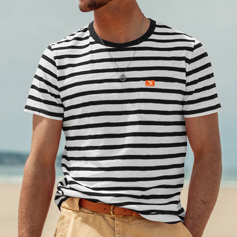 Men's striped short-sleeve T-shirt made of cotton jersey with chest pocket and contrasting round neckline Mune Fashion