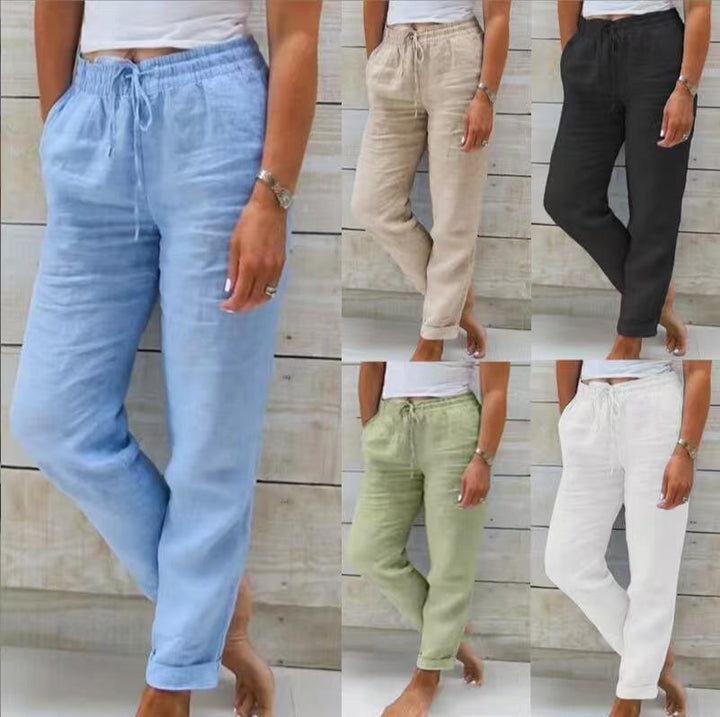 Women's casual linen pants with elastic waistband drawstring and side pockets Mune Fashion