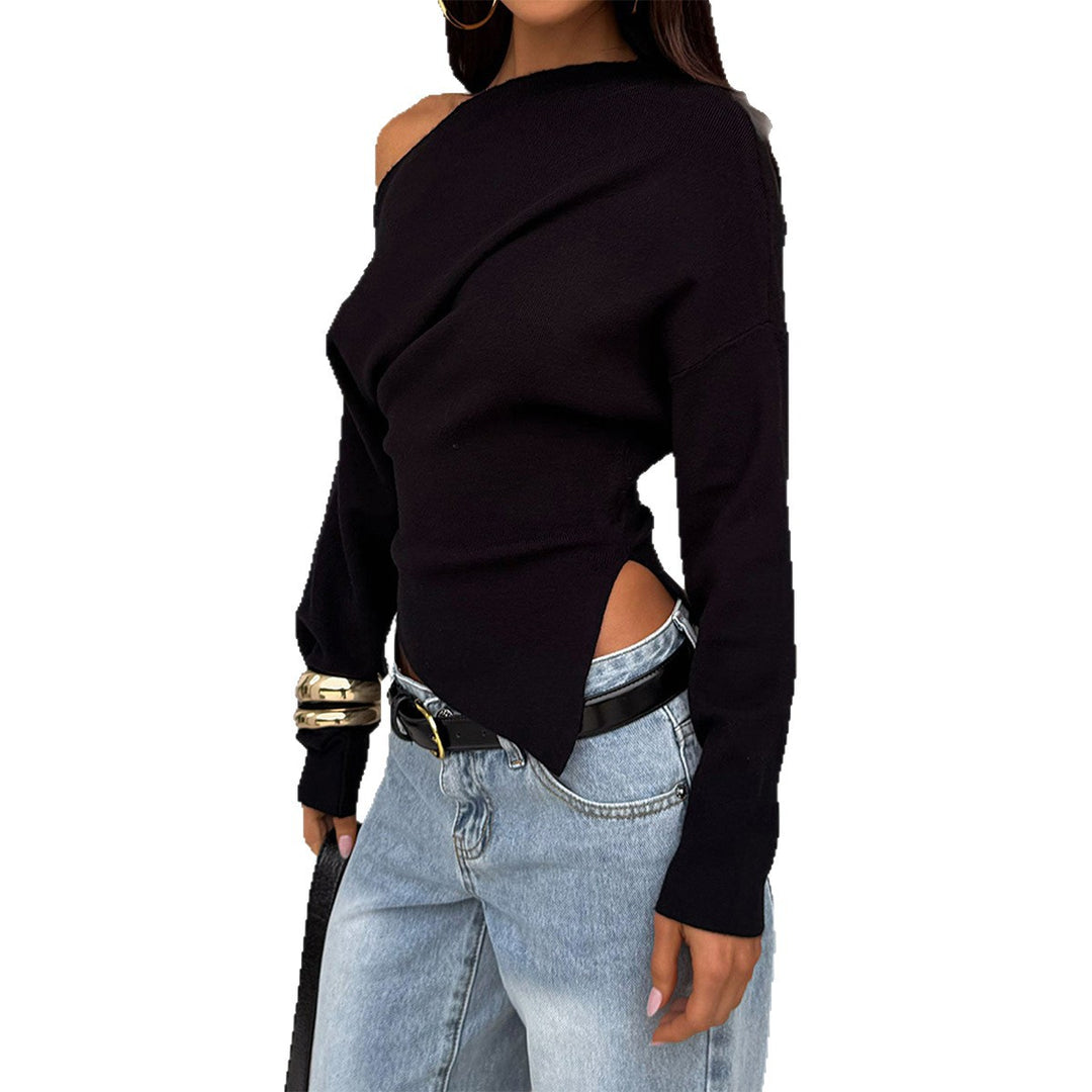 Ladies off-shoulder fine knit sweater with asymmetrical cut-out, fitted silhouette and wide sleeves Mune Fashion
