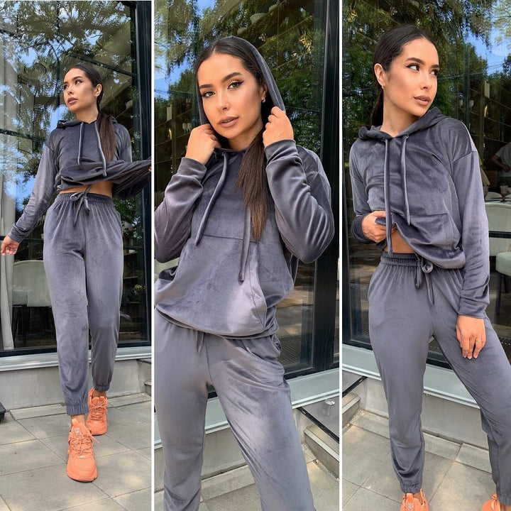Women's Velvet Loungewear Set with Cropped Hoodie and Drawstring Joggers Mune Fashion