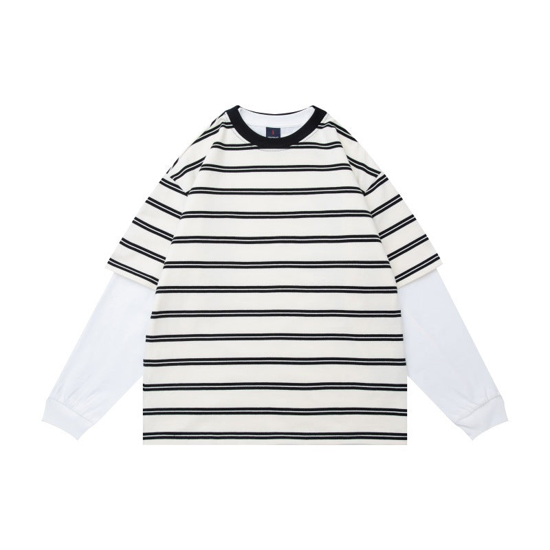 Unisex Layered Look Long Sleeve Shirt with Striped Oversized Top and Inserted Inner Sleeves Mune Fashion