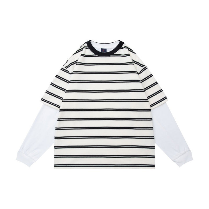 Unisex Layered Look Long Sleeve Shirt with Striped Oversized Top and Inserted Inner Sleeves Mune Fashion