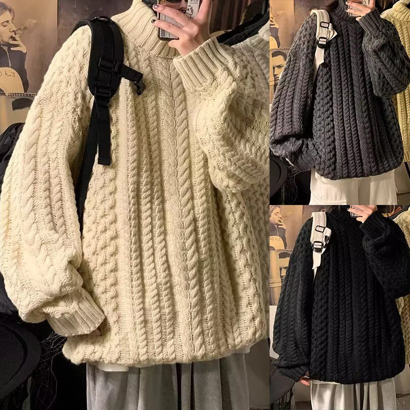 Women Chunky Knit Sweater with High Collar and Cable Pattern Mune Fashion