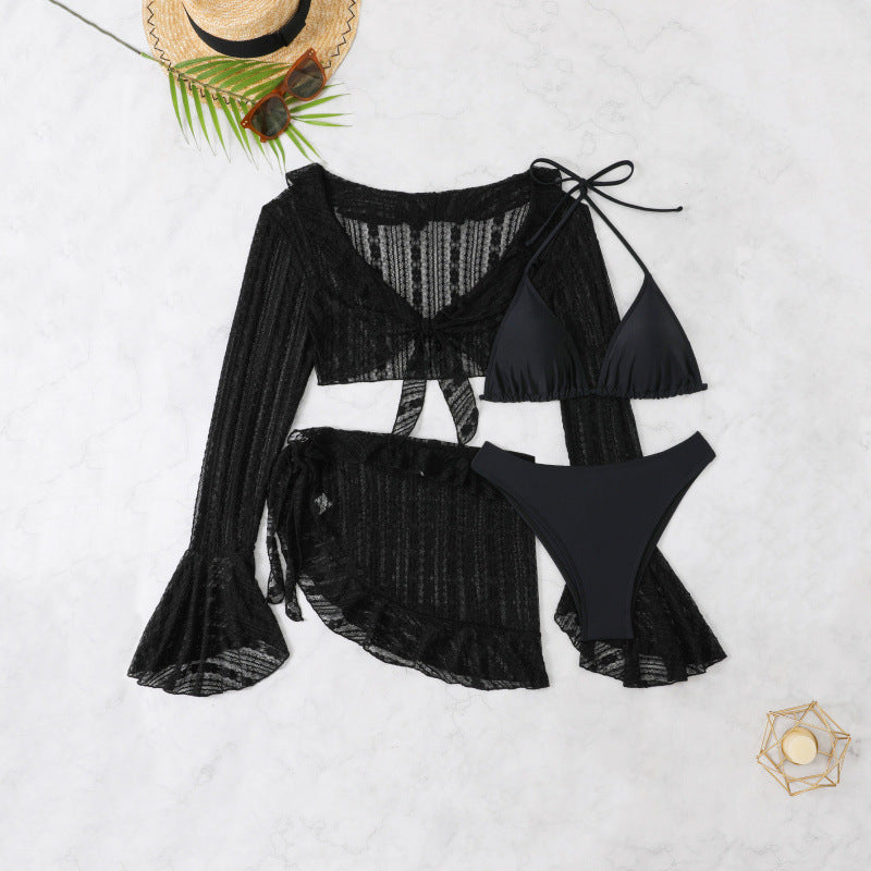 Women's Two-Piece Swimwear Set with Long-Sleeved Top and Playful Wrap Skirt Mune Fashion