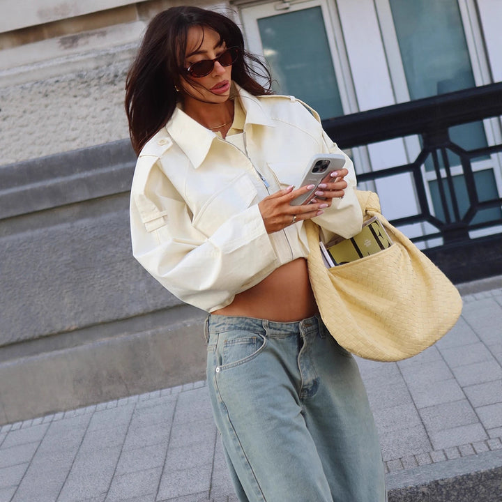 Women Short Boxy Cargo Jacket made of Cotton Blend with Oversized Flap Pockets Mune Fashion