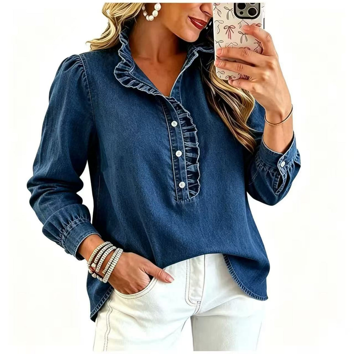Ladies Denim Blouse with Ruffled Collar and Puff Sleeves Mune Fashion