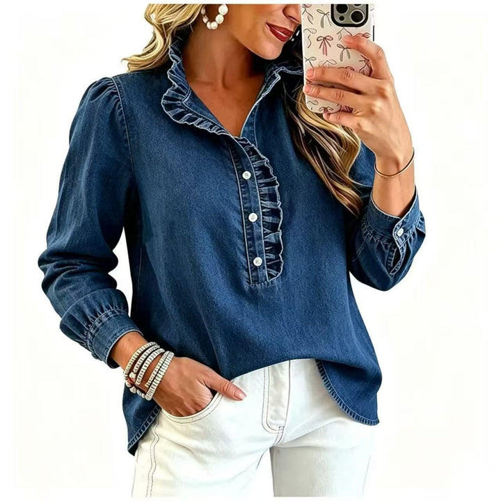Ladies Denim Blouse with Ruffled Collar and Puff Sleeves Mune Fashion