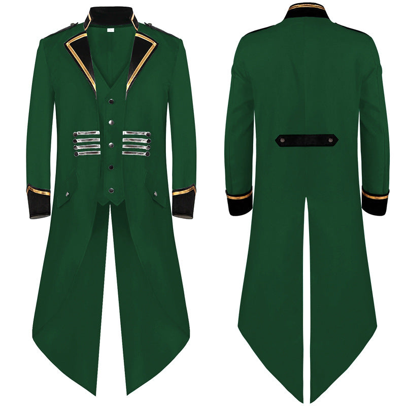 Men's military-inspired long coat with flared cut, stand collar, and decorative metal strips Mune Fashion