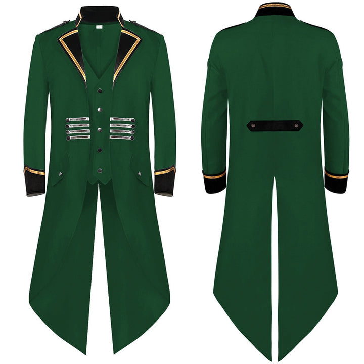 Men's military-inspired long coat with flared cut, stand collar, and decorative metal strips Mune Fashion
