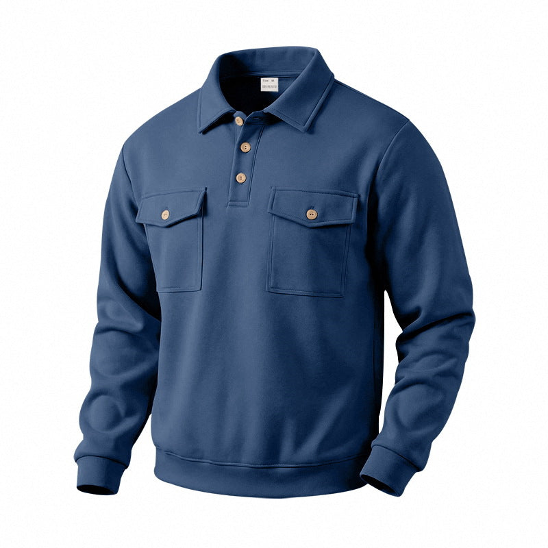 Men's Long Sleeve Polo Shirt with Button Placket and Patch Pockets Mune Fashion