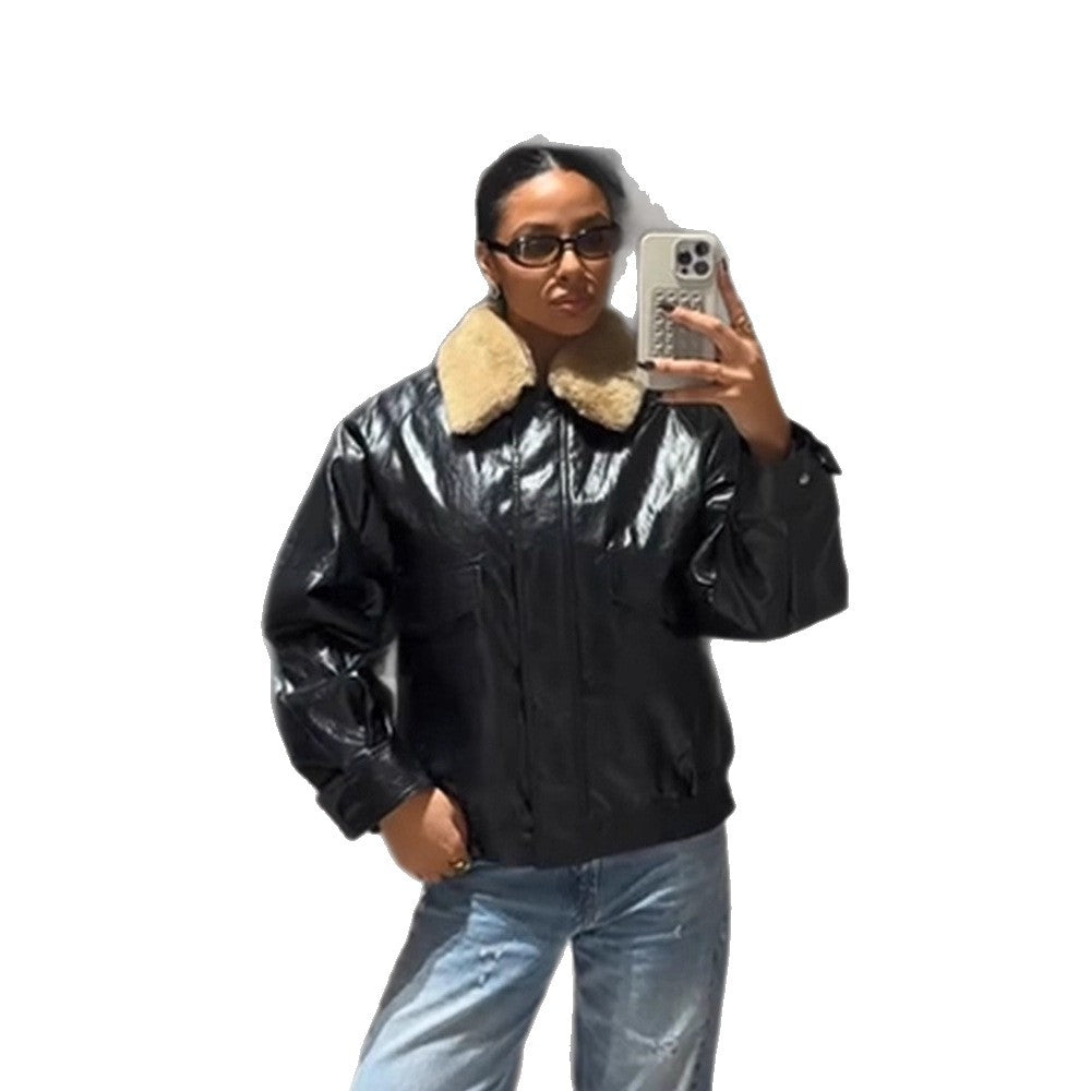 Women's Shiny Oversized Faux Leather Bomber Jacket with Voluminous Faux Fur Collar Mune Fashion