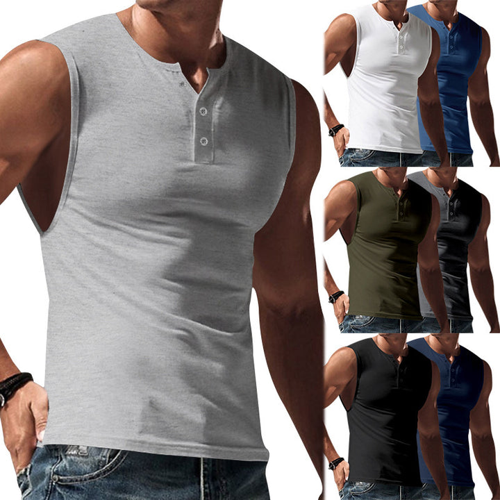 Men's sleeveless muscle shirt with Henley button placket, deep armhole, and elastic cotton blend Mune Fashion