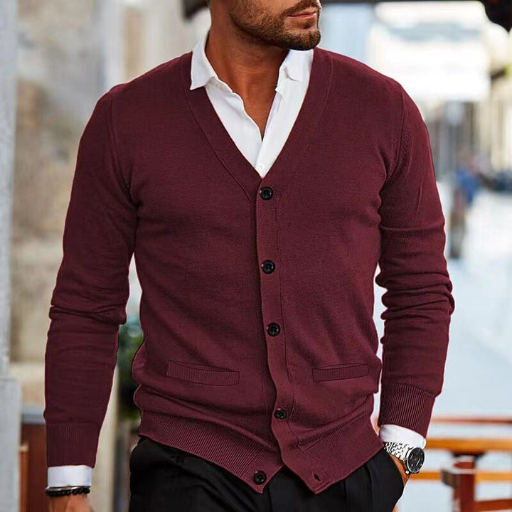 Men's fine knit V-neck cardigan with button placket and side pockets Mune Fashion