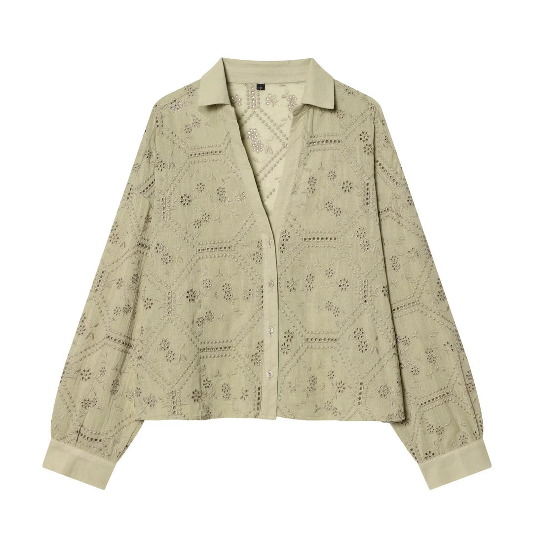 Women's Broderie-Anglaise Shirt Blouse in Oversize Cut with Balloon Sleeves Mune Fashion