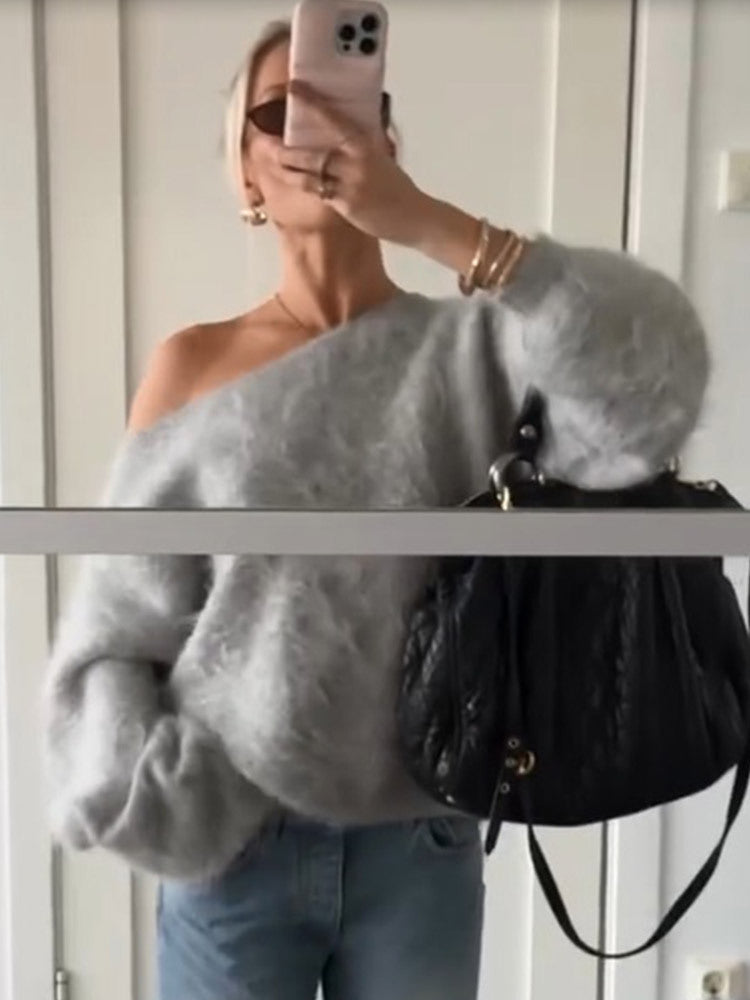 Women Oversize Mohair Blend Off-Shoulder Sweater with Balloon Sleeves Mune Fashion