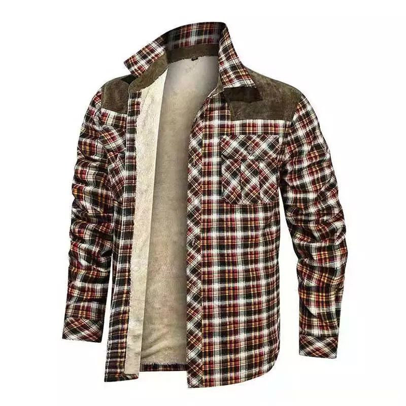 Men's check flannel jacket with teddy lining, velvet trim, and breast pockets Mune Fashion