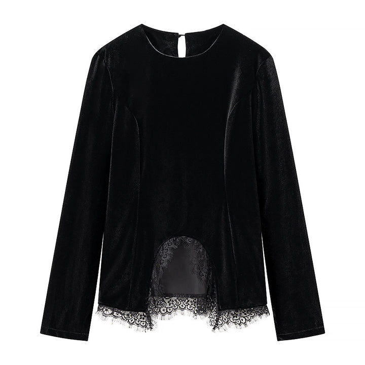 Women Elegant Velvet Long Sleeve with Lace Trim and Semi-Circular Front Slit Mune Fashion