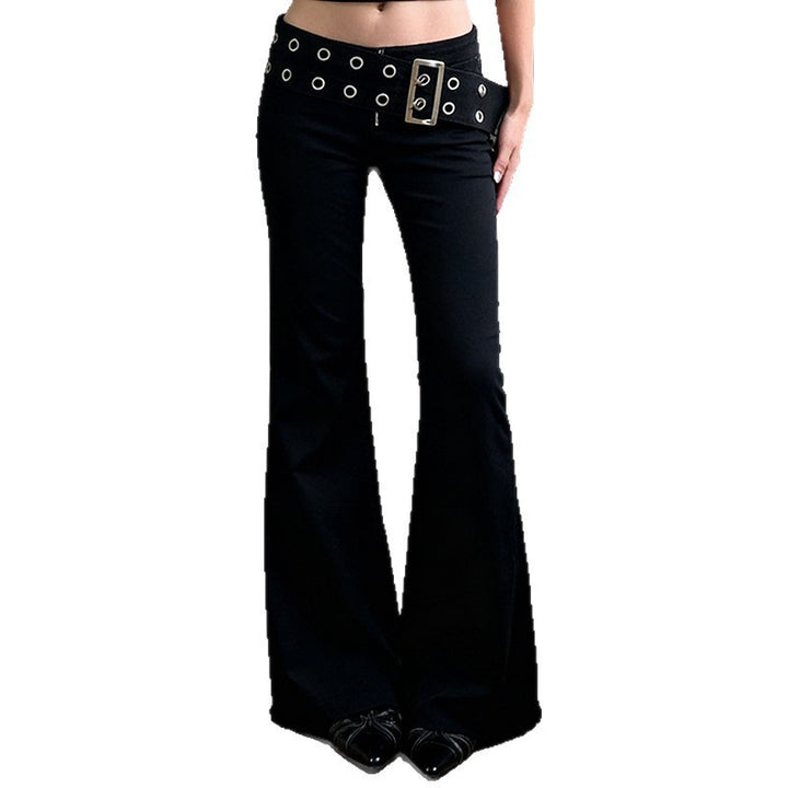 Women High-Waisted Flared Pants made of Stretch Denim with Grommet Belt Mune Fashion
