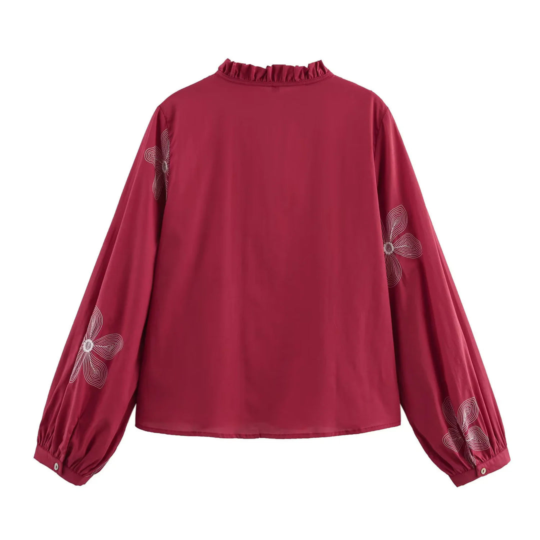 Women's embroidered loose shirt blouse with ruffle collar, tie front and balloon sleeves Mune Fashion