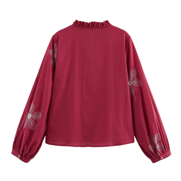 Women's embroidered loose shirt blouse with ruffle collar, tie front and balloon sleeves Mune Fashion