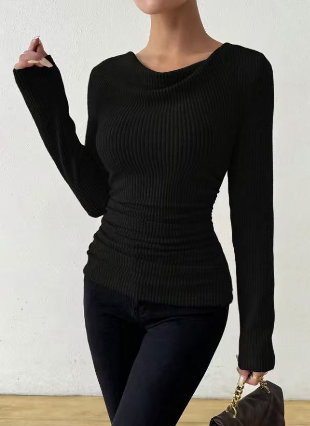 Women’s fitted rib knit long sleeve with ruched waist Mune Fashion