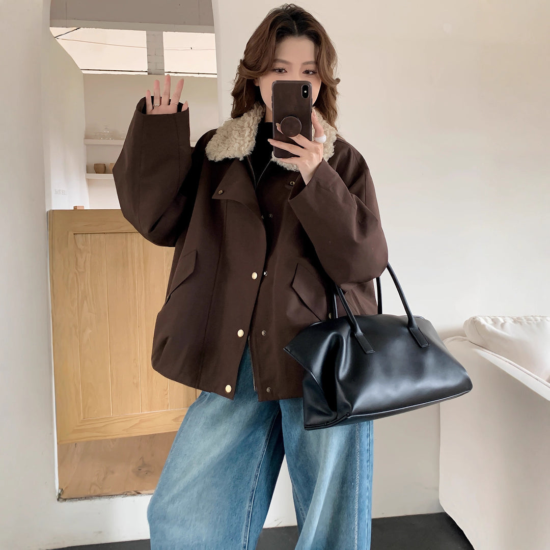 Women Oversize Utility Jacket with High Teddy Collar and Snap Button Placket Mune Fashion