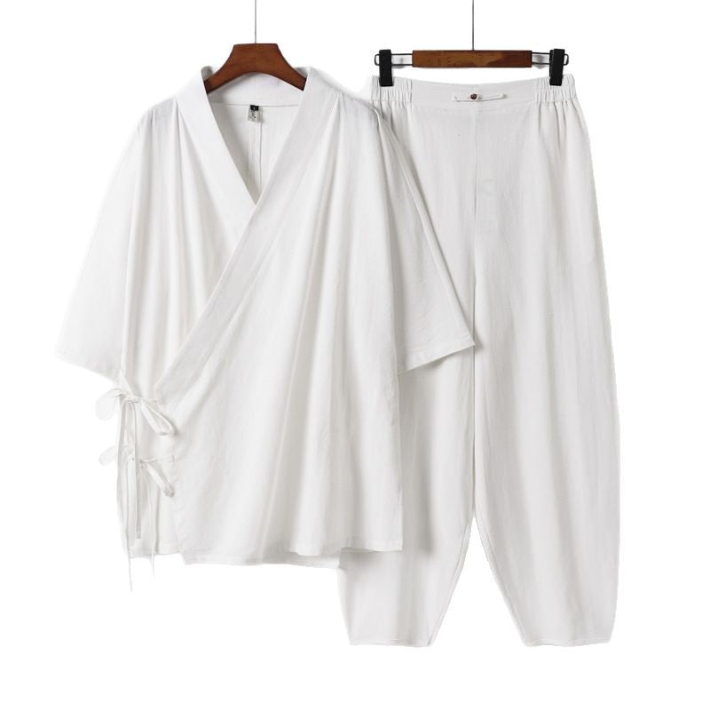 Unisex Lightweight Wrap Lounge Set in Kimono Style with Side Ties and Elastic Tapered Pants Mune Fashion