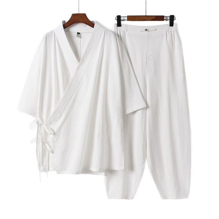 Unisex Lightweight Wrap Lounge Set in Kimono Style with Side Ties and Elastic Tapered Pants Mune Fashion
