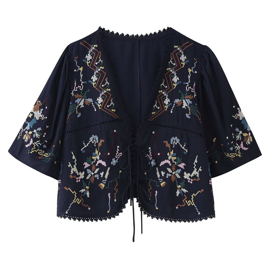 Women's Embroidered Boho Kimono Jacket with Ties and Crochet Trim Mune Fashion