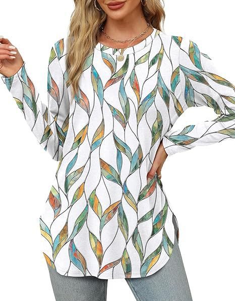 Women's Casual Long Sleeve Tunic Top with Round Neck, Side Slits and Watercolor Leaf Print Mune Fashion