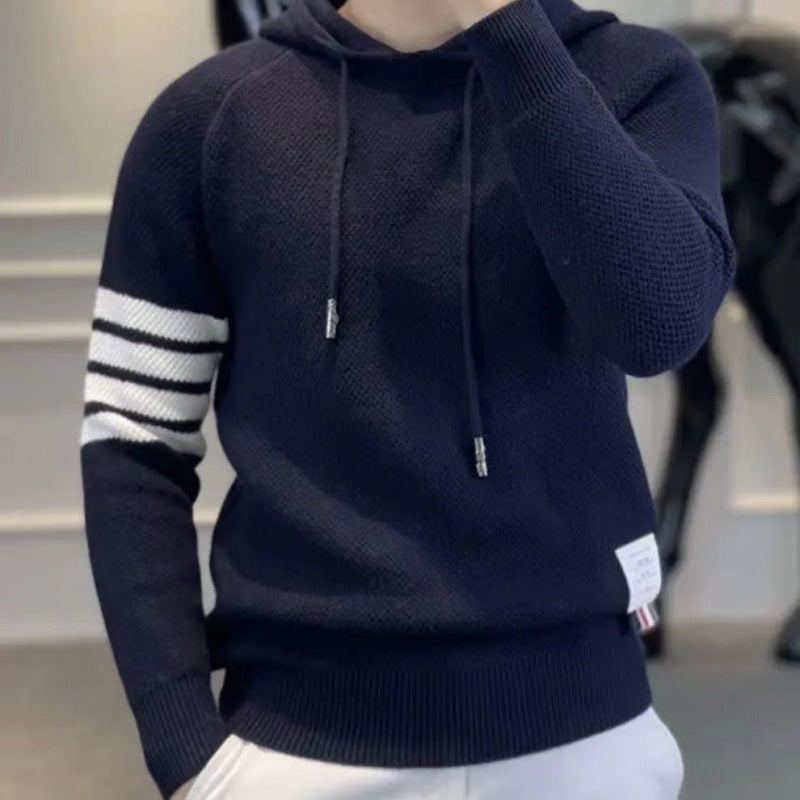 Men's Sporty Knit Sweater with Hood and Stripes Mune Fashion