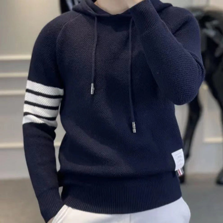 Men's Sporty Knit Sweater with Hood and Stripes Mune Fashion