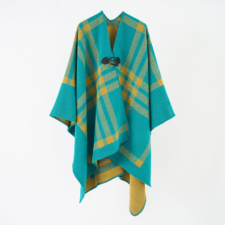 Women's Reversible Wool Blend Poncho with Toggle Closure and Check Pattern Mune Fashion