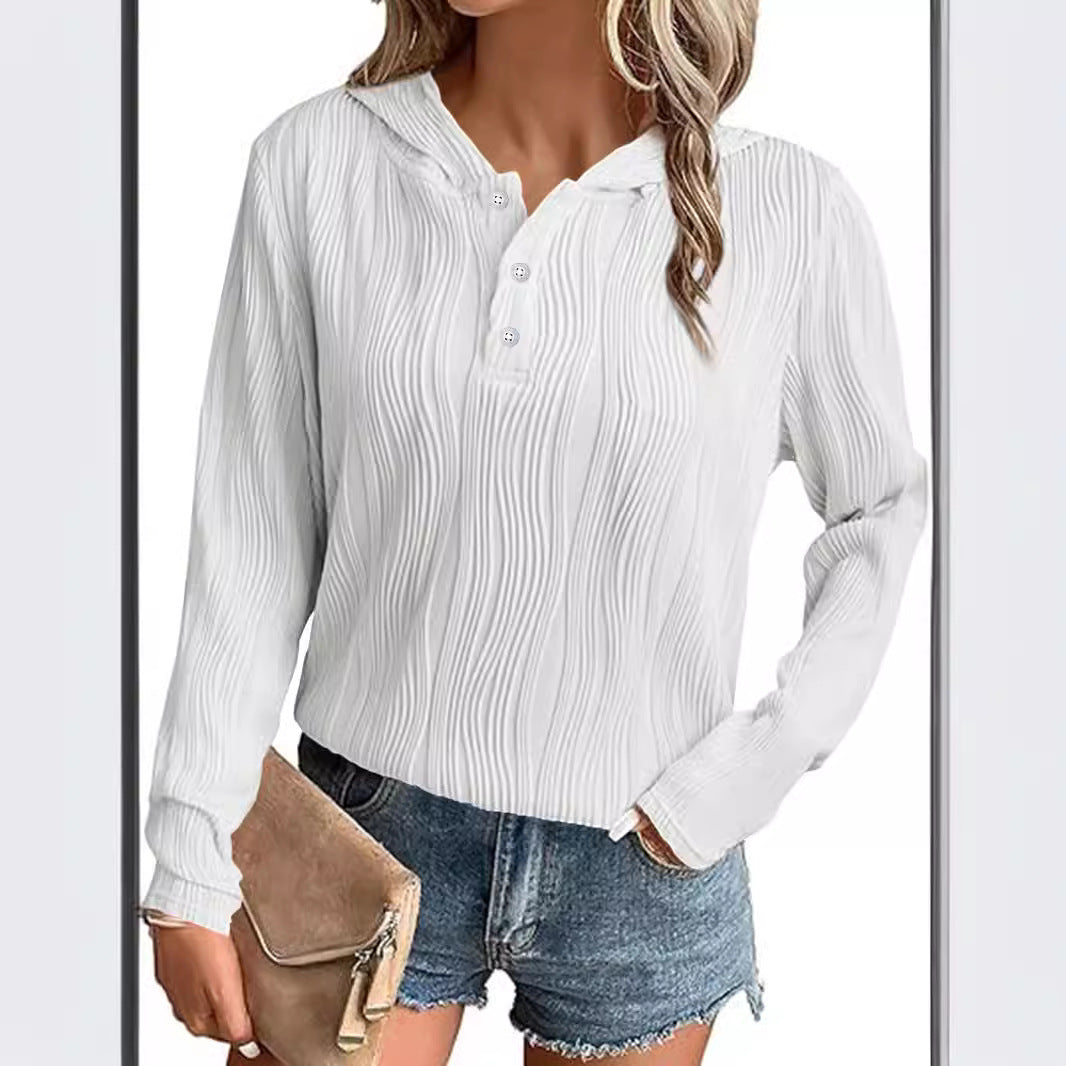 Women's Ribbed Hooded Henley Shirt with Button Placket and Light Texture Mune Fashion