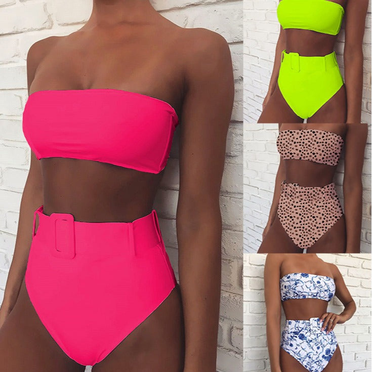 Women High-waisted Bandeau Bikini Set with trendy leopard print Mune Fashion