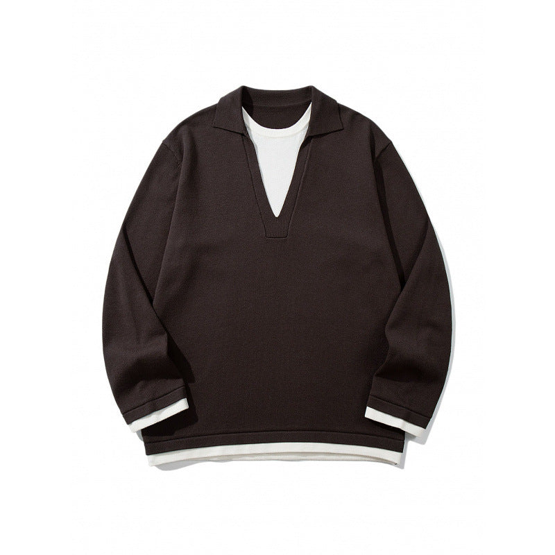 Unisex Oversize Knit Sweater with Open V-Neck and Shirt Collar Mune Fashion