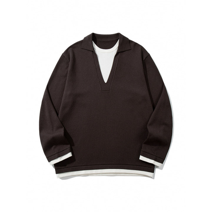 Unisex Oversize Knit Sweater with Open V-Neck and Shirt Collar Mune Fashion