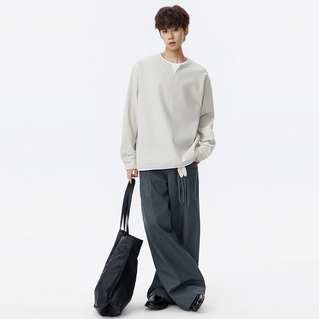 Men's Oversized Waffle Texture Sweatshirt with V-Neck and Layered Look Mune Fashion