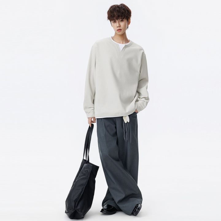 Men's Oversized Waffle Texture Sweatshirt with V-Neck and Layered Look Mune Fashion
