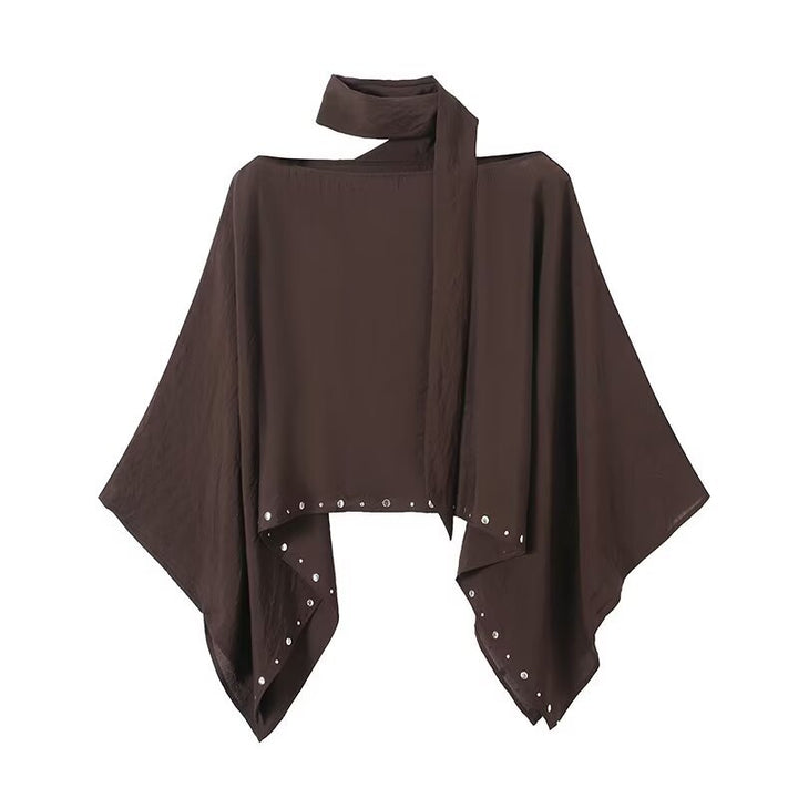 Women Asymmetrical Poncho Cape with Ties and Grommet Trim Mune Fashion