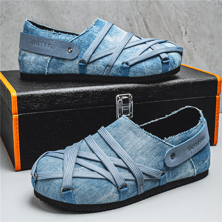 Men's casual slippers in denim look with elastic straps, adjustable heel strap and profiled rubber sole Mune Fashion