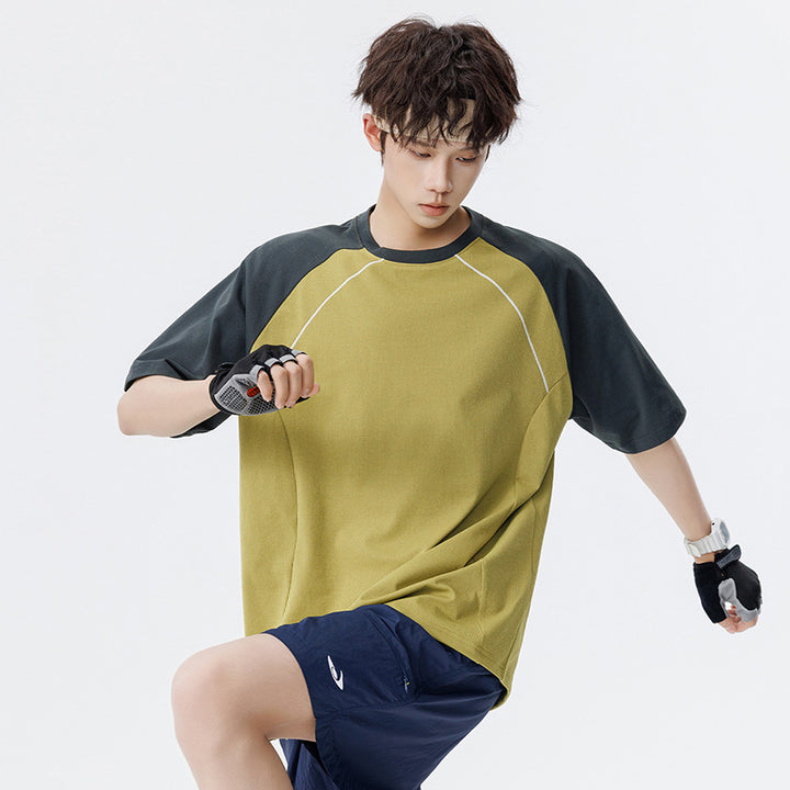 Men's Oversize Waffle Structure Raglan T-Shirt with Contrast Sleeves and Breathable Functional Jersey Mune Fashion