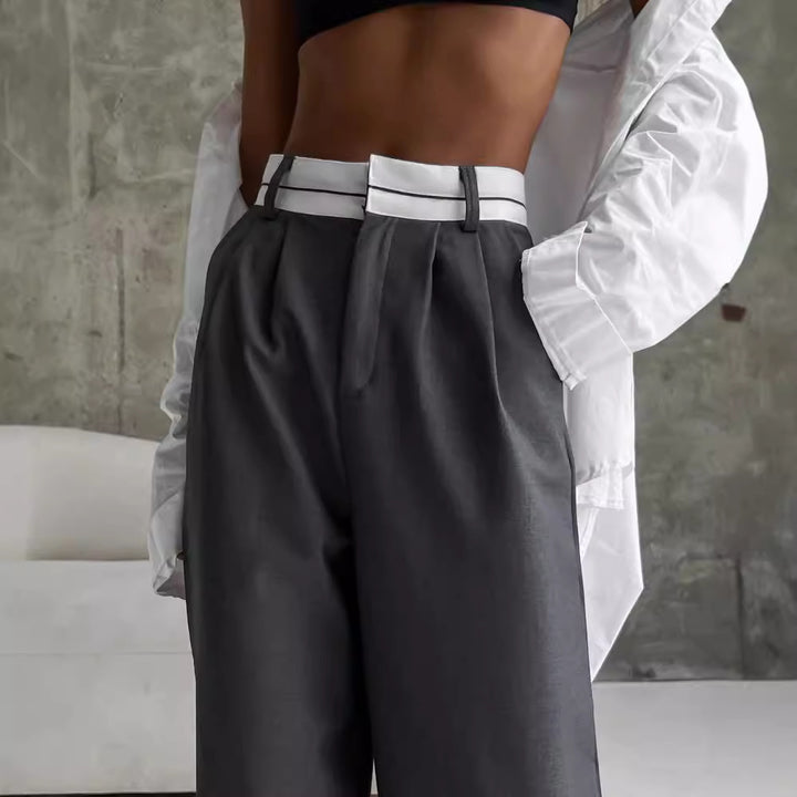 Women High-waisted wide pleated pants with contrast waistband Mune Fashion
