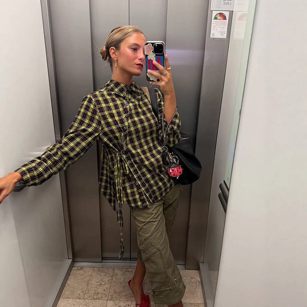 Ladies Checked Shirt Blouse with Drawstring Waist and Loose Fit Mune Fashion