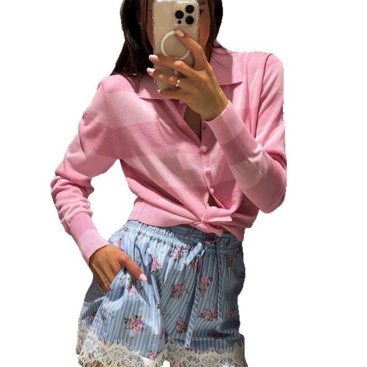 Women Light Short Cardigan with Shirt Collar, Covered Buttons & Knot Tie Mune Fashion