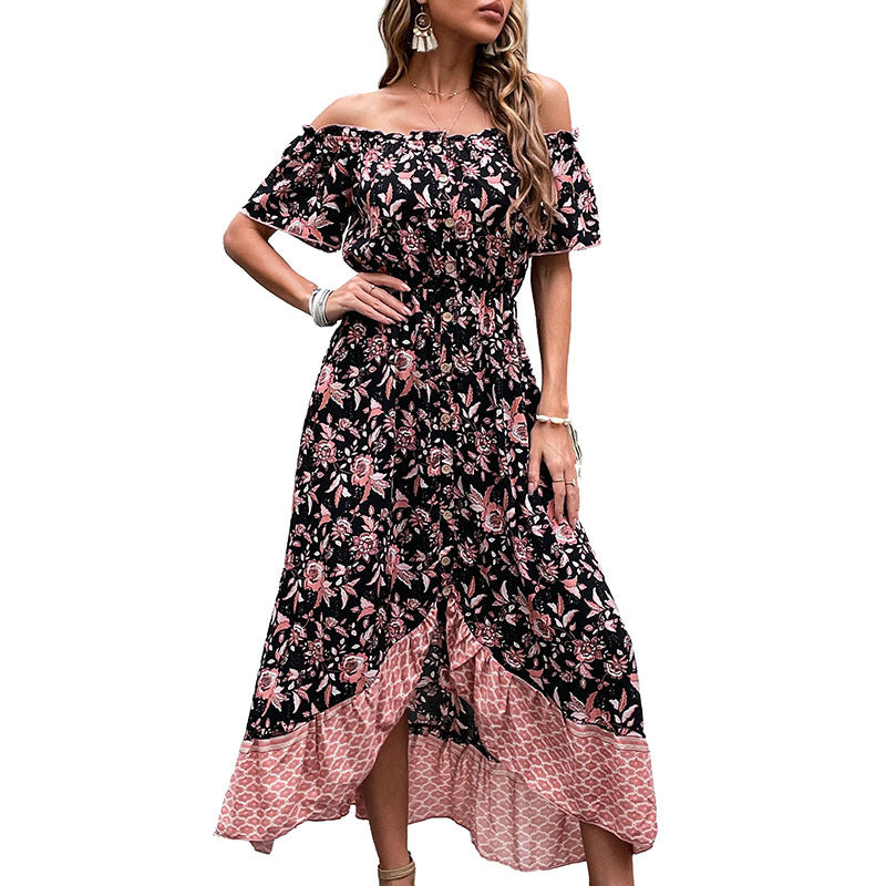 Women's Off-Shoulder Boho Maxi Dress with Elastic Smocked Waist, Floral Patchwork and High Side Slit Mune Fashion