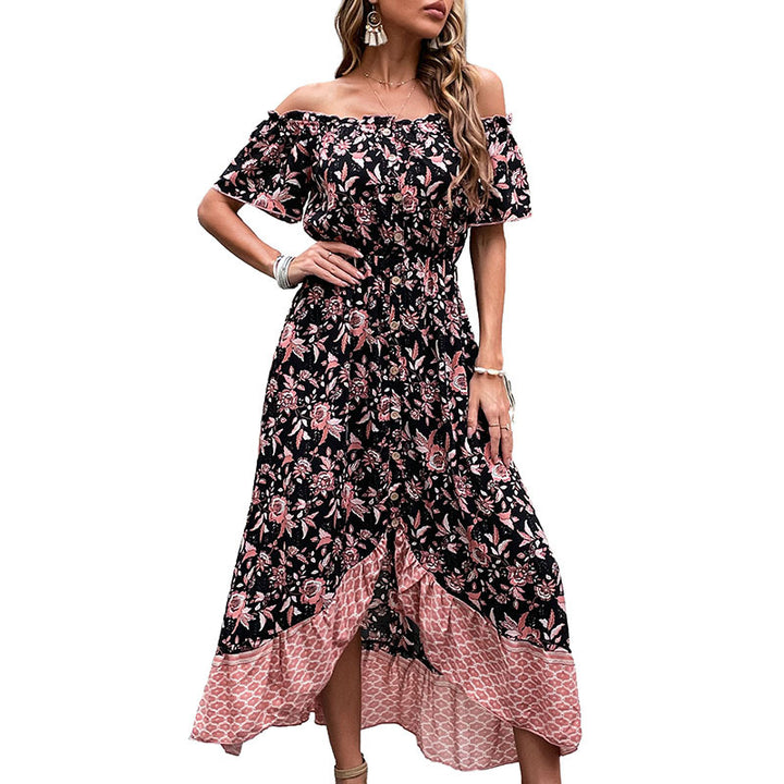 Women's Off-Shoulder Boho Maxi Dress with Elastic Smocked Waist, Floral Patchwork and High Side Slit Mune Fashion