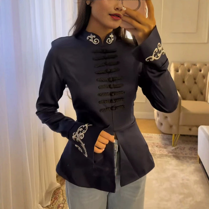 Women tailored satin jacket with mandarin collar, decorative cord closures and embroidered cuffs Mune Fashion