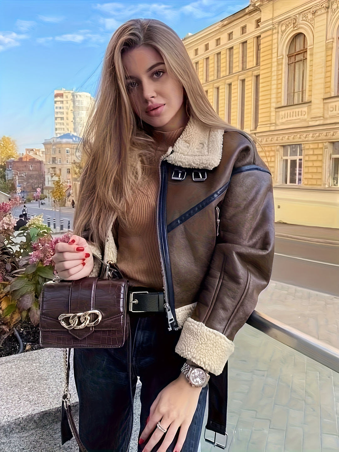 Women's trendy and stylish leather jacket with teddy lining